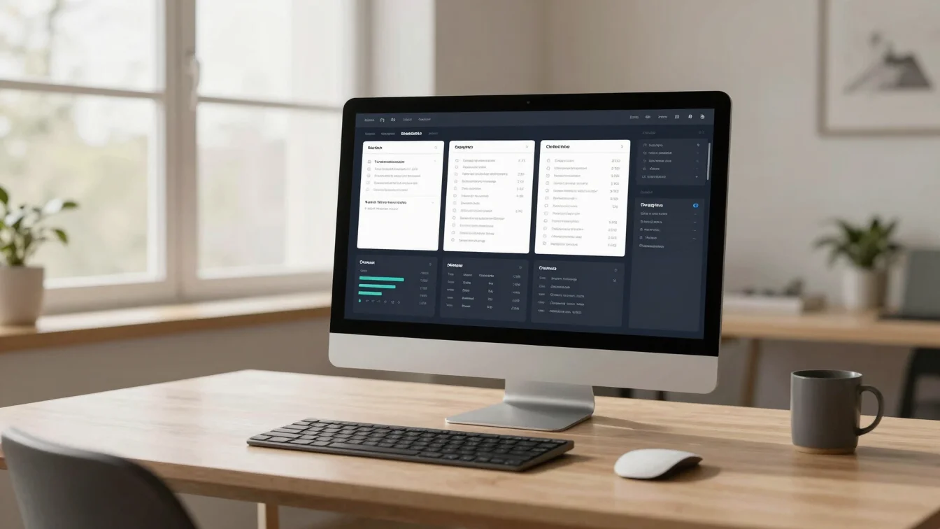 Clean digital marketing performance dashboard on a minimalist modern desk with natural window daylight