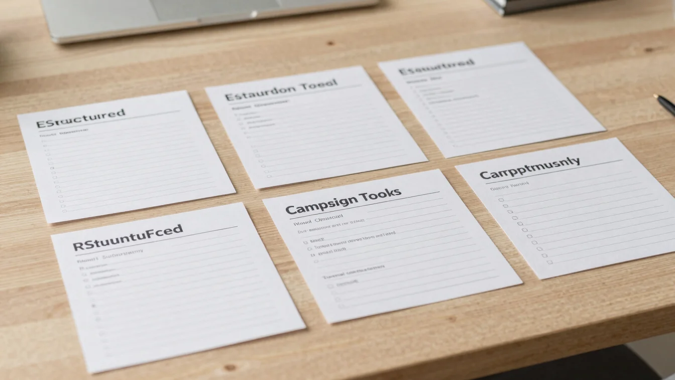 Structured campaign planning tools and notes laid out neatly on a warm neutral wooden workspace