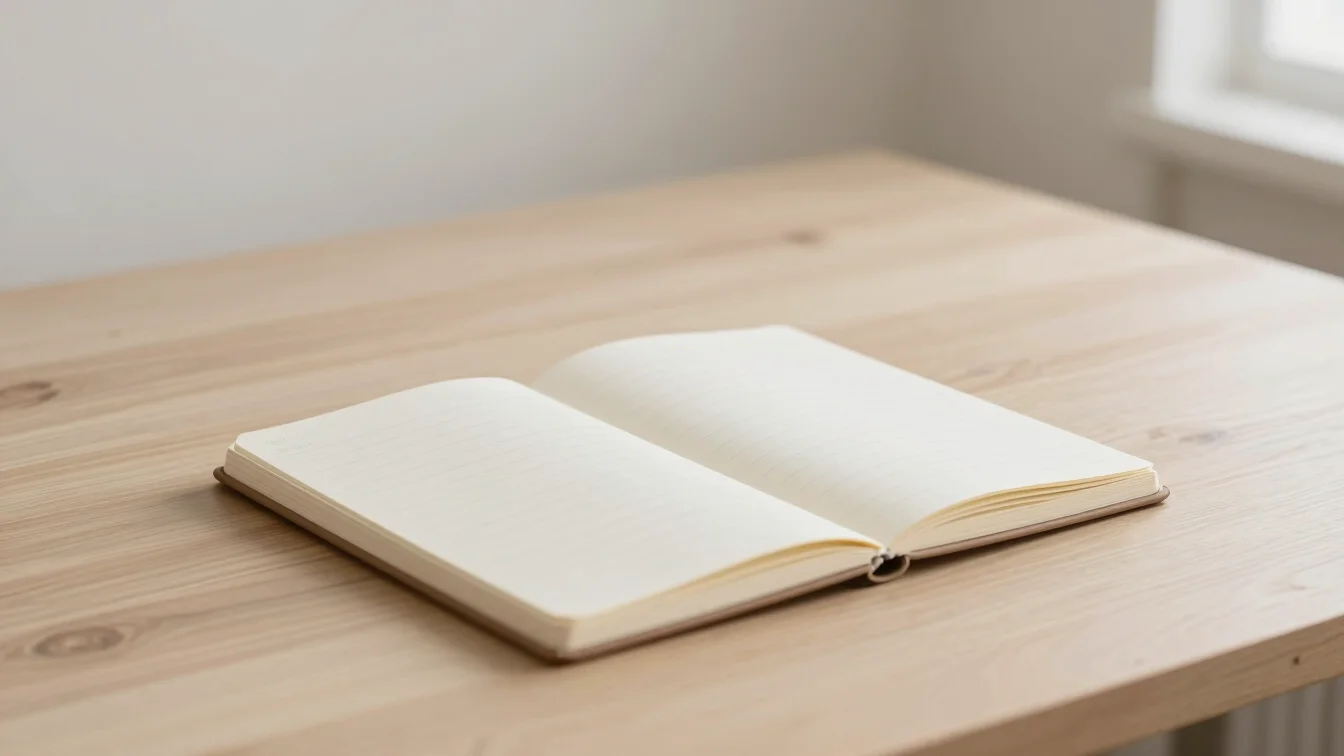 Minimalist natural-light workspace setup with a refined notebook and warm ambient lighting