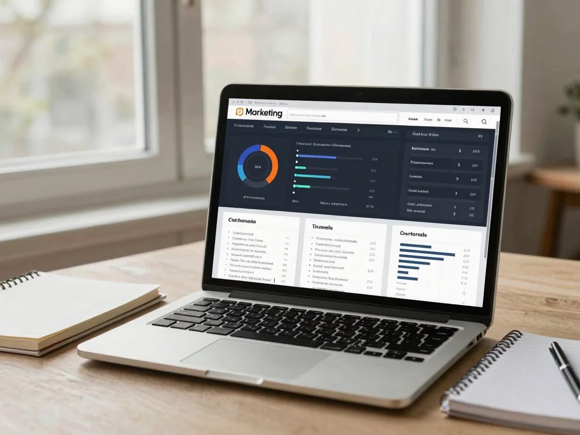Clean digital marketing performance dashboard on a refined laptop screen next to a notebook with structured channel note