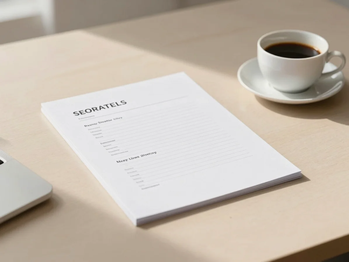 Minimalist workspace setup with a clean strategy document, a cup of coffee, and soft daylight filtering across a warm ne