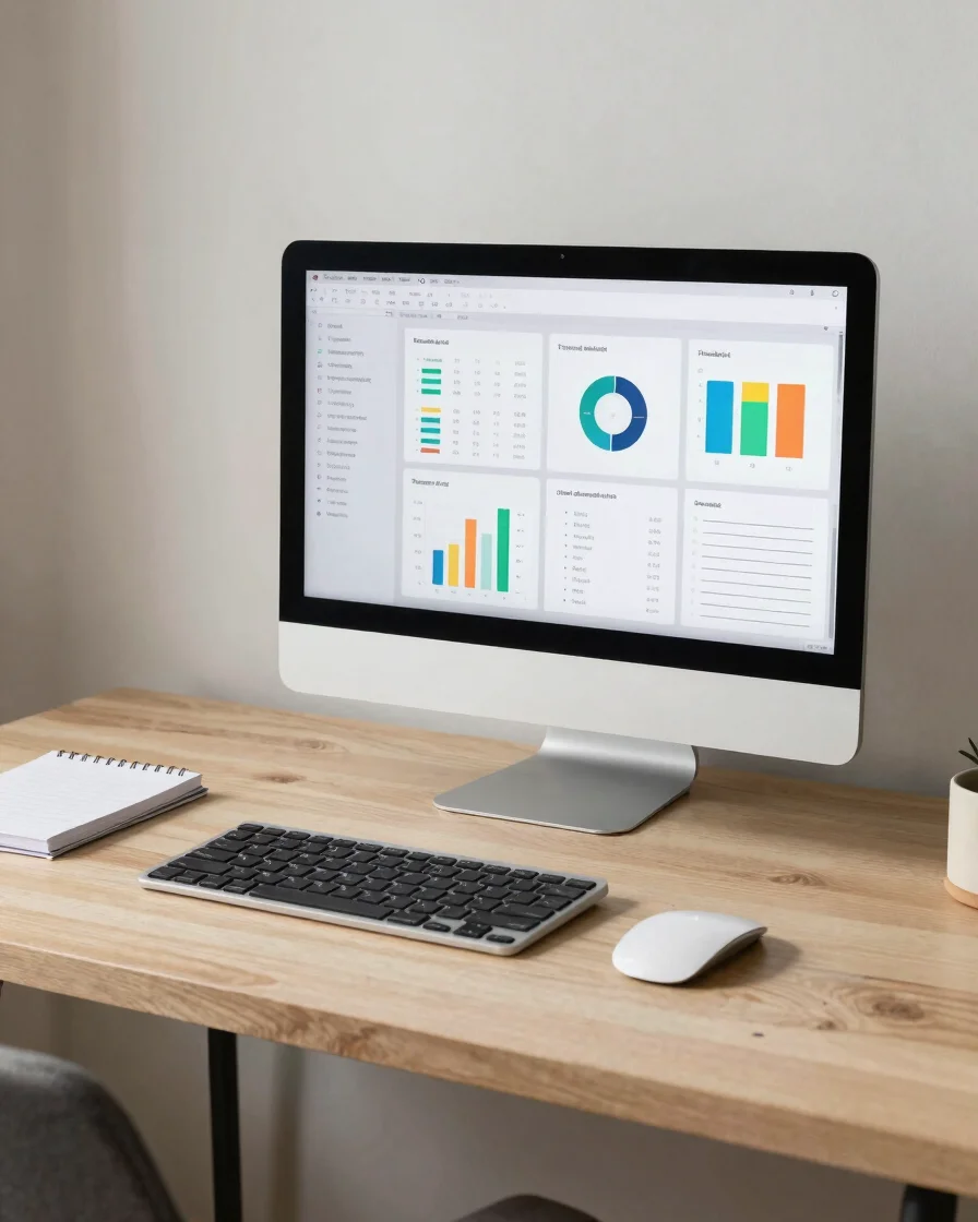 Natural-light minimalist desk setup with clean digital analytics on a refined screen and organized notes, soft morning i